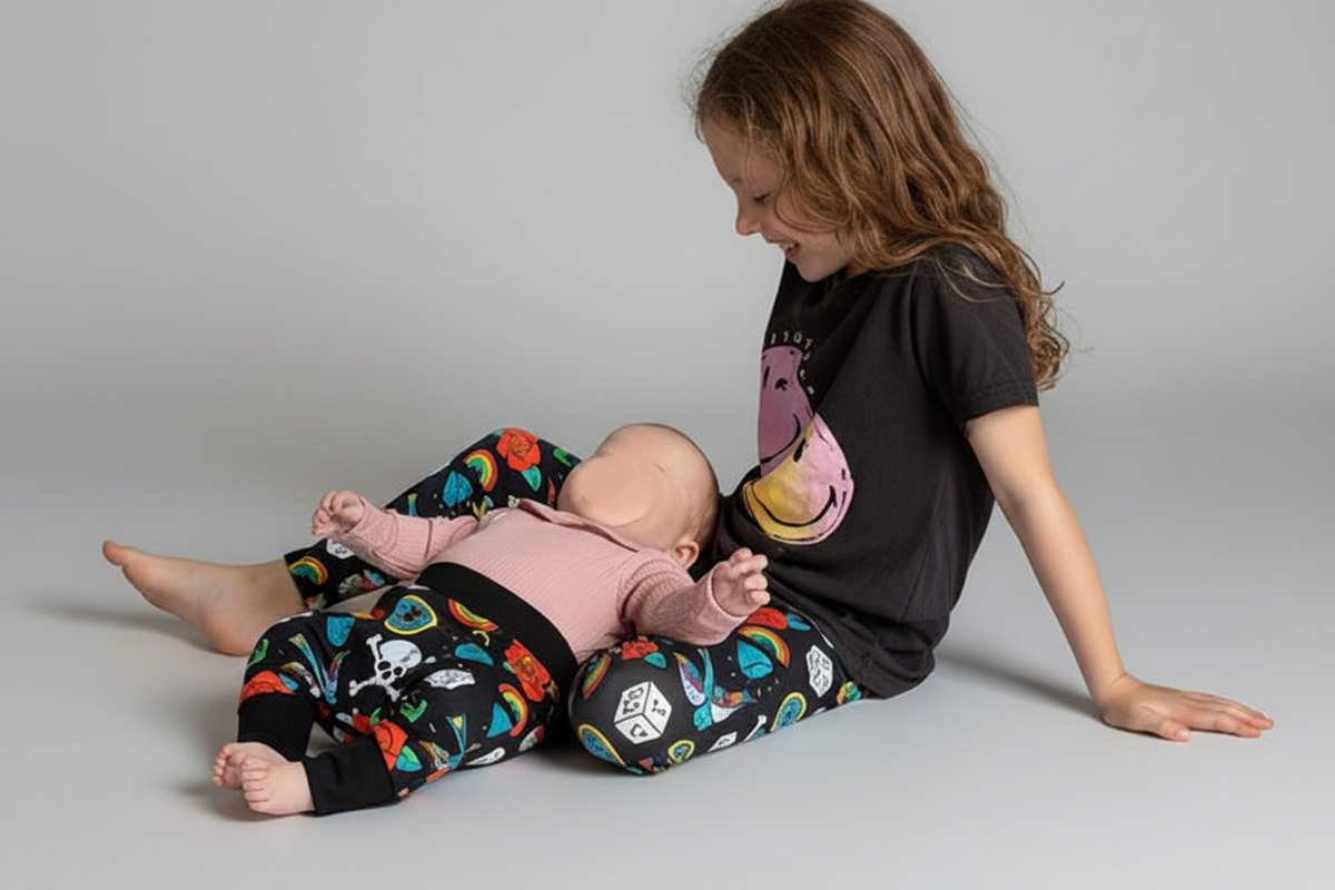 Two children sitting on a light gray studio floor. The older child wears a black graphic T-shirt and colorful tattoo patterned leggings, while the younger child wears a light pink long-sleeve top and matching tattoo print patterned leggings.